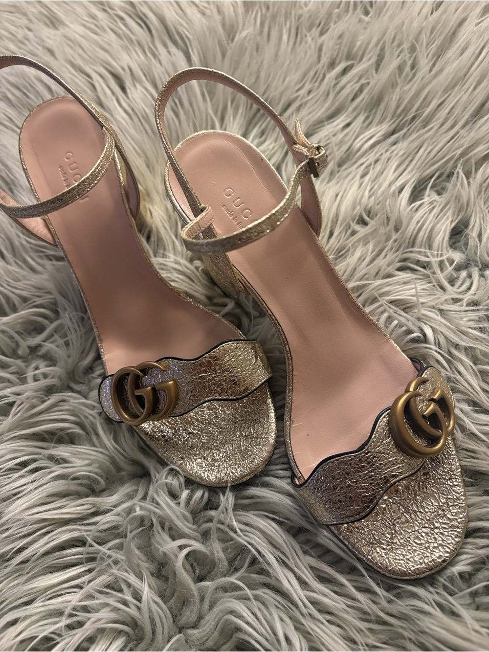Gucci Marmont Gold Leather Slingback block heel with Pink Insole